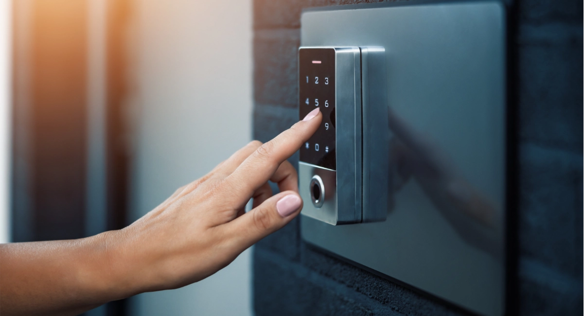 A homeowner entering a code on a modern keypad lock